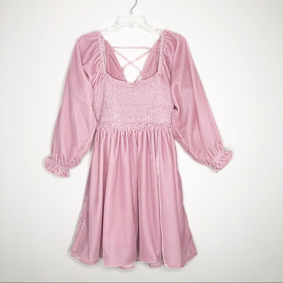 Free People Daphne Velvet Sleeve mini Dress Balloon ruffle sleeves blush pink - Picture 2 of 13